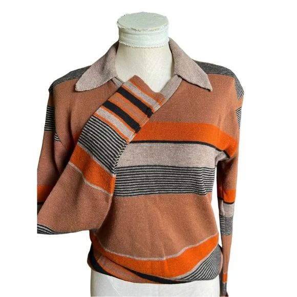 Vintage 70s Campus Knit Striped Collared V-Neck Long Sleeve Sweater Brown - Picture 6 of 10
